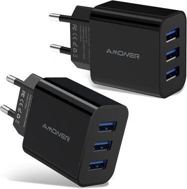 Мережевий адаптер Amoner USB 3-портовий 15W, 2 шт. для iPhone 14/13/12/11/X/8 та інших пристроїв, чорний