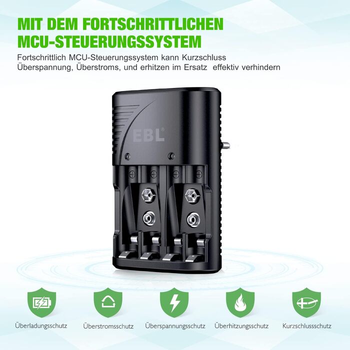 Зарядний пристрій для акумуляторів EBL AA AAA 9V NIMH з 4 відсіками, Smart Plug, LED-дисплей, швидка зарядка