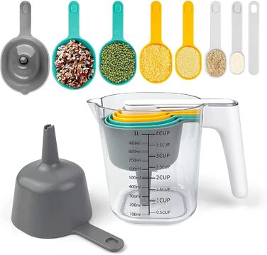 TOMYEUS Measuring Cups and Spoons Set, 9 Piece, Plastic, Cooking and Baking Kitchen Gadget