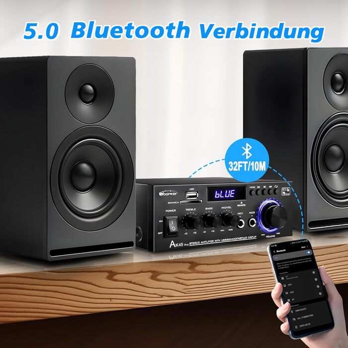 AK45 Pro HiFi підсилювач WOOPKER Mini, 500Вт, 2-канальний, Bluetooth, HiFi стерео з FM-радіо, USB, SD, RCA, MIC, аудіо ресивер для дому та авто
