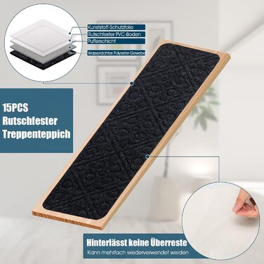 COSTWAY 15-Piece Stair Treads - Non-Slip, Waterproof, Self-Adhesive Carpet for Wood Stairs - Grey (76x20cm)