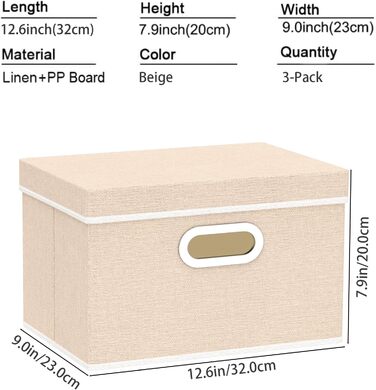 Yawinhe 3-Piece Storage Boxes with Lids, Foldable Fabric Box with Handles, Storage Boxes, for Bedroom, Clothes Storage, 32x23x20cm, SNK023G-3 (32x23x20cm/3-Pack, Beige)