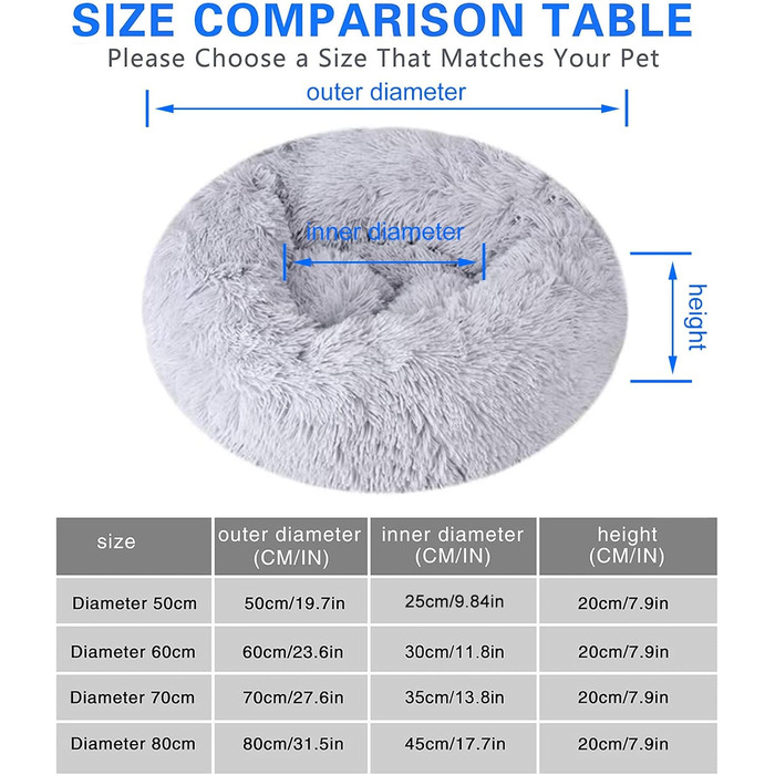 Кішечка Queta: зручне ліжко для кота та маленької собаки, м'яке, плюшеве, кругле, 60 см, світло-сірий