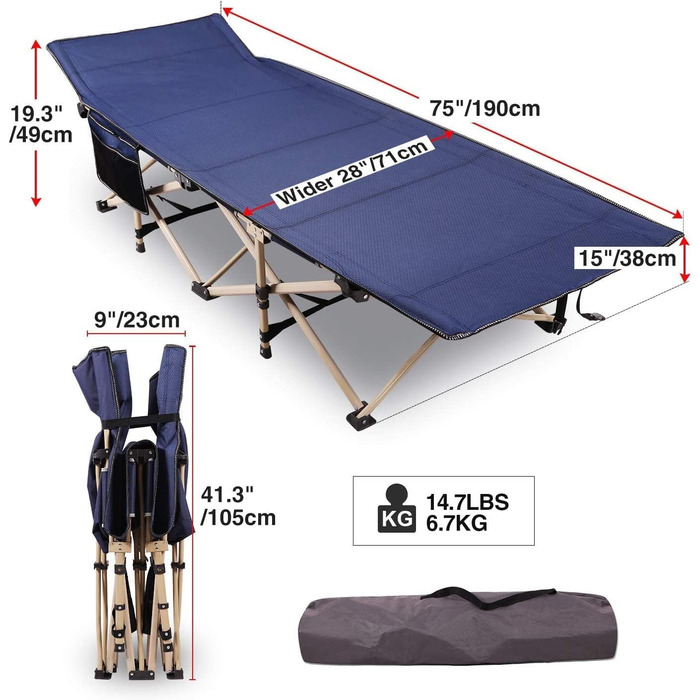 Розкладне ліжко для кемпінгу CampMax: міцне, XXL, 190 x 71 x 38 см, для відпочинку на природі, блакитне