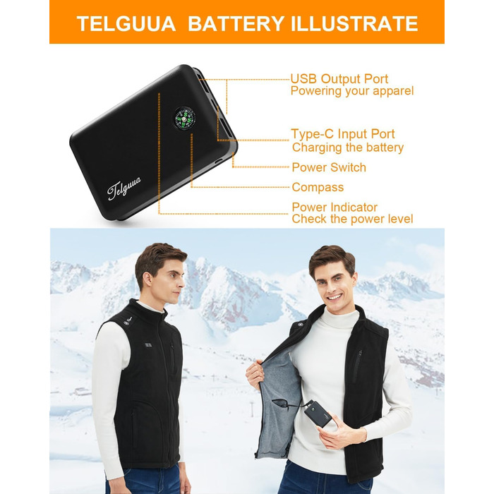 Тепла флісова жилетка Telguua з підігрівом для чоловіків з Powerbank 5V 10000mAh, 6 зон нагріву, 3 рівні температури, керування 2 зонами, для кемпінгу, піших прогулянок, сноубордингу, чорна