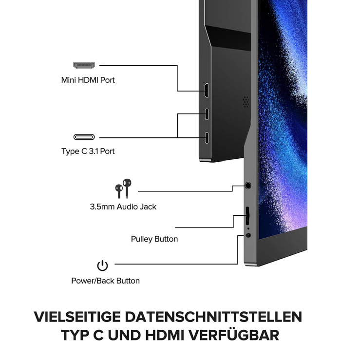 UPERFECT Портативний монітор з сенсорним екраном 15.6' FHD, 125% sRGB, матове покриття, 2000:1 контрастність, VESA, Dual USB-C, для ноутбука/телефону/ігрової консолі