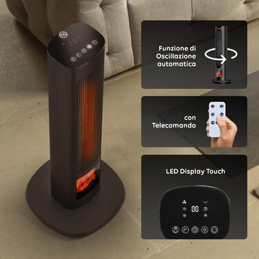 Електричний обігрівач Wintem Tower з LED-дисплеєм та пультом керування, 800/2000 Вт, для кімнат до 20 м², з захистом від перегріву та автоматичним гойданням, 60 см, чорний