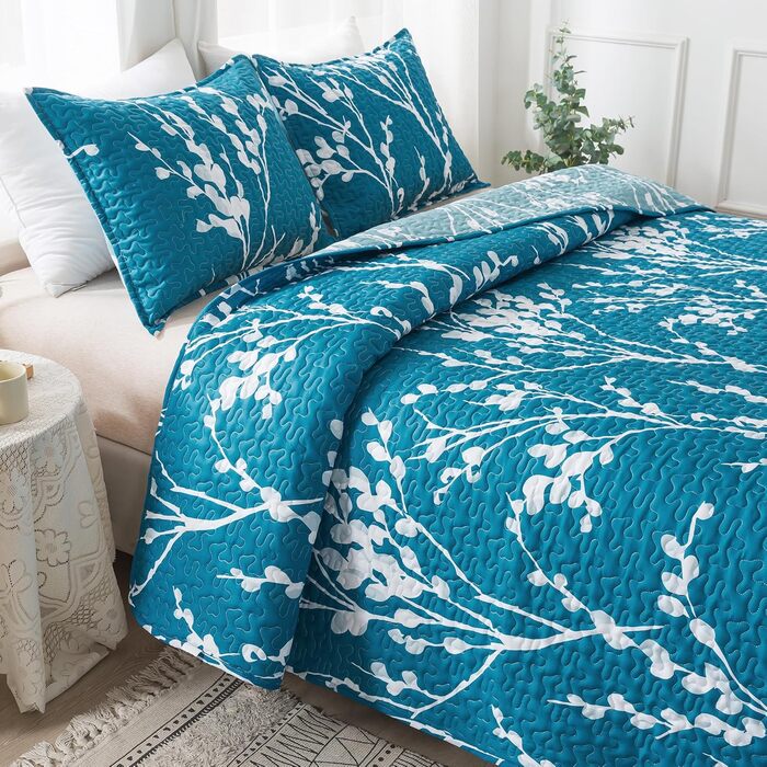 Набір постільної білизни Andency з квітковим принтом, King-Size (277x244 см), 3-частини (блакитно-зелена ковдра з принтом та 2 наволочки), літній, легкий, двосторонній, мікрофібра, блакитно-зелений, 