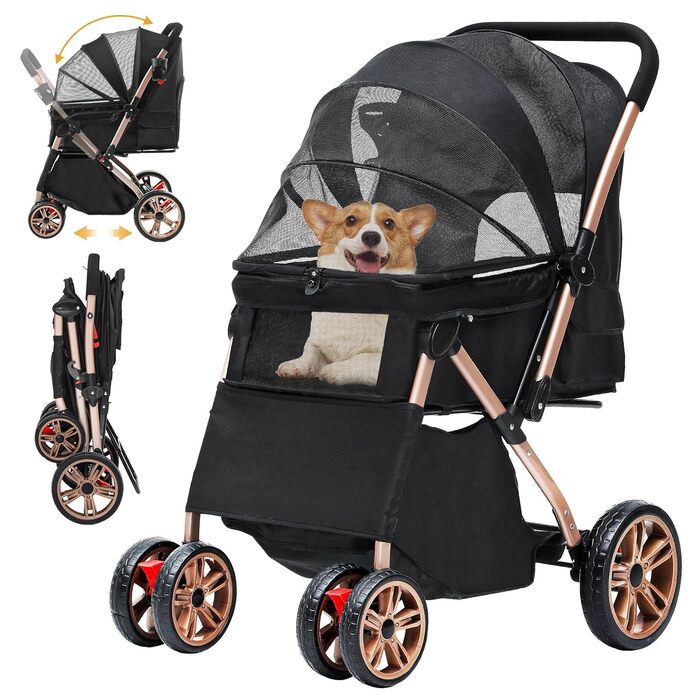 Візок для собак DWVO 3-в-1: візок, переноска, сумка для транспортування. Підходить для собак та котів до 22 кг. Зручний, складаний, з міцними EVA-колесами, кошиком та сітковими віконцями. Розміри: 58,5x76x105 см. Чорний колір.