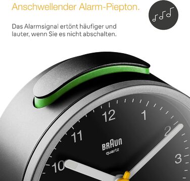 Classic Braun analog alarm clock with snooze function and light, quiet quartz movement, crescendo alarm in black and silver, model BC12SB