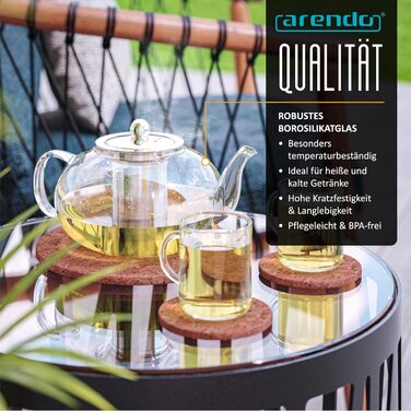 Скляний чайник Arendo з ситечком з нержавіючої сталі, боросиликатне скло, 1200 мл, термостійкий для листового, трав'яного та фруктового чаю