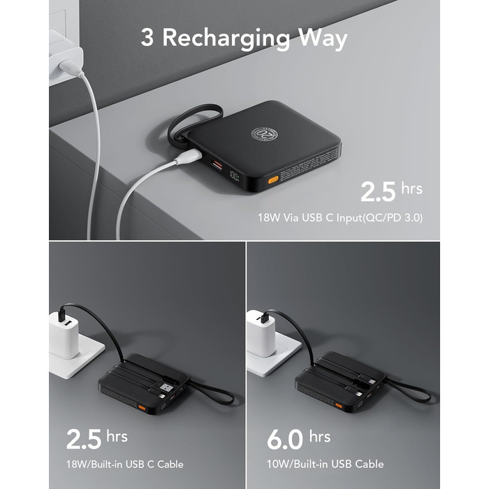 Power Bank VRURC 10000mAh з кабелем: компактний павербанк USB-C, швидка зарядка 22.5W, LED-дисплей, сумісний з iPhone, Huawei (зелений, чорний)