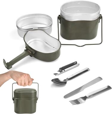Набір посуду Bundeswehr: термостійкий, для кемпінгу, приготування їжі на відкритому повітрі, з алюмінію, для виживання, армійського користування. Включає столові прибори з відкидним ручками.