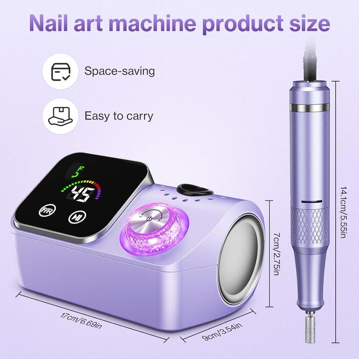 Електрична шліфувальна машинка для нігтів (нагельфрайзер) з LCD-дисплеєм, 45000 об/хв, професійний набір для манікюру та педикюру з мультифункціональною базою та сенсорним керуванням, фіолетовий