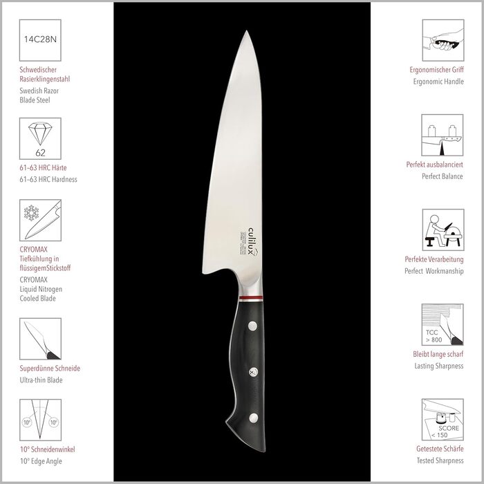 Професійний кухонний ніж Gyuto Kobe 2.0 20 см з надгострим лезом зі шведської сталі 14C28N 62HRC, ергономічна ручка G10, високовуглецева сталь, шеф-ніж