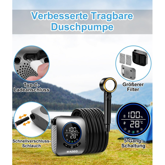 WADEO Portable Camping Shower with Battery and Pump, Camping Shower with Rechargeable 6000/8000mAh Battery, Mobile Showers Outdoor Showers with Showerhead and Hose, for Camping, Travel, Garden, Car Washing (Silver, 8000mAh battery)
