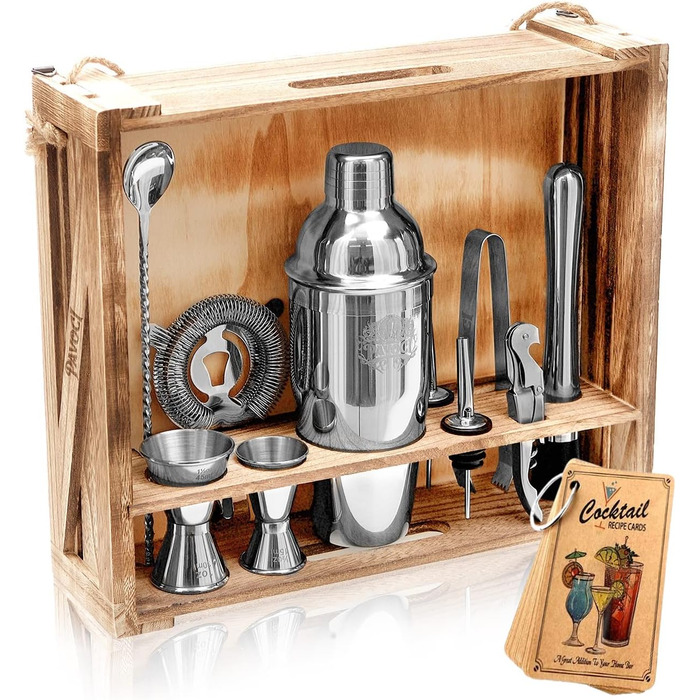 Набір для приготування коктейлів PAVOCI: 11 предметів, шейкер, барменський інструмент з нержавіючої сталі, дерев'яний підставник, аксесуари. Ідеально для дому, бару, професійного використання