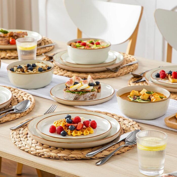 Набір посуду на 6 осіб Vancasso RENO 24 шт. з каменю, сучасний сервіз: тарілки для їжі, супу, десерту, миски. Підходить для миття в посудомийній машині та використання в мікрохвильовій печі. (Бежевий, 36 шт.)