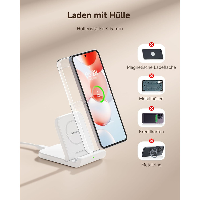 Бездротова зарядка SwanScout для Samsung Galaxy Z Flip 7/7 FE, 6/5/4/3 та Moto Razr 60/50/40 (Ultra), SwanScout 501S (біла)