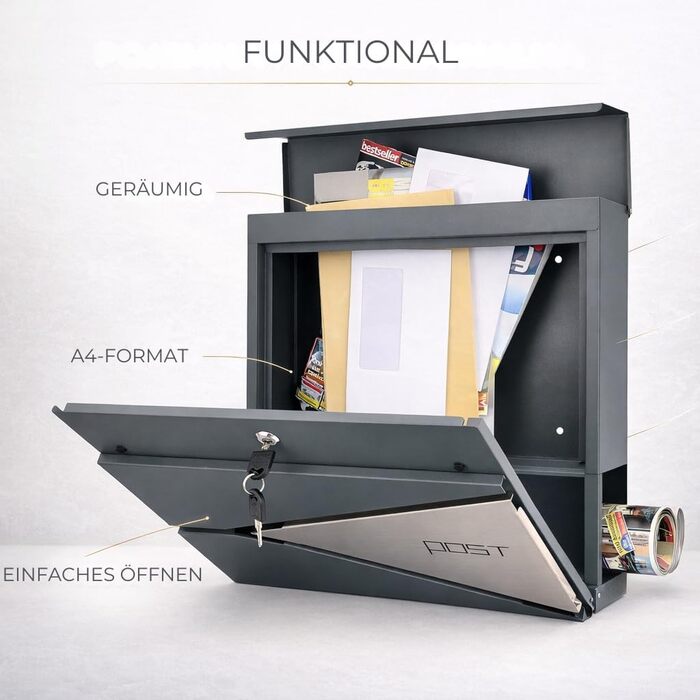Поштовий ящик Verda з газетницею, нержавіюча сталь, антрацит, 2 ключі - дизайнерський настінний поштовий ящик з прихованим замком