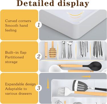Органайзер для столових приборів в шухляду, розсувний, 27.5-50 см, 3-7 відділень, пластик, для кухні