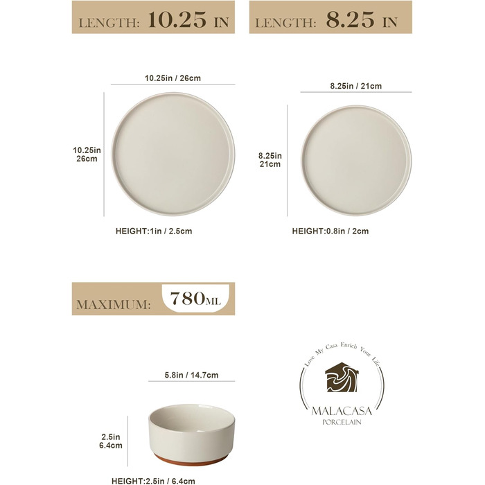 MALACASA Набір посуду з каменю 6 осіб, 18 предметів: тарілки, миски, керамічний сервіз з глазур'ю 