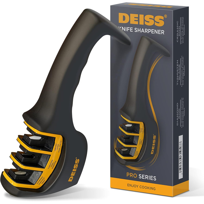 Deiss PRO 3-ступеневий точило для ножів кухонних та кишенькових - професійний точило для ножів шеф-кухаря, мисливських та керамічних - безпечне відновлення та полірування гострих лез (ORANGE)