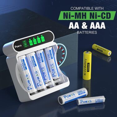 Зарядний пристрій POWXS для акумуляторів NI-MH NI-CD AA AAA з LCD-дисплеєм, універсальний, Micro USB & Type-C, безпечний