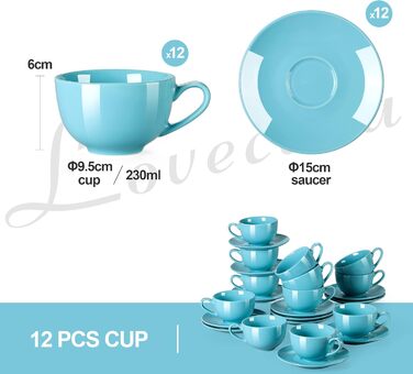 LOVECASA Кавовий сервіз з порцеляни, Sweet, 12-ти частинний (12 чашок з блюдцями), для 6 осіб, 230 мл, білий, VCP-CC13