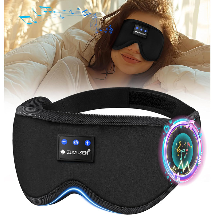 Маска для сну ZUMUSEN з навушниками Bluetooth V5.4, 3D маска для сну, повна світлонепроникність, регульована, для відпочинку, медитації, подорожей (Чорний)