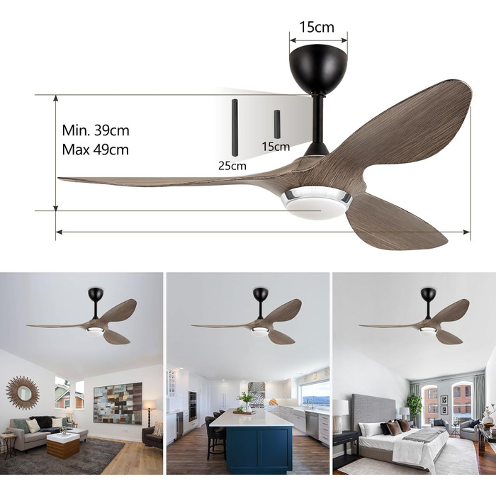 Стеляний вентилятор Reiga з підсвічуванням та пультом дистанційного керування, 132 см, тихий реверсивний двигун, 6 швидкостей, таймер, регульована яскравість та 3 колірні температури, коричневі лопаті (сірі та чорні лопаті)