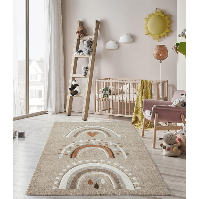 Monde Kids Modern Soft Children's Carpet, Soft Pile, Easy to Clean, Colorfast, Vibrant Colors, Rainbow Pattern, Pink, 120 x 170 cm