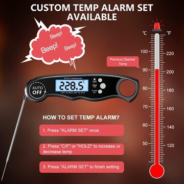 Цифровий термометр для м'яса: миттєве зчитування, для приготування на грилі та в духовці, з магнітною основою та сигналом тривоги, для кухні, барбекю та лабораторій