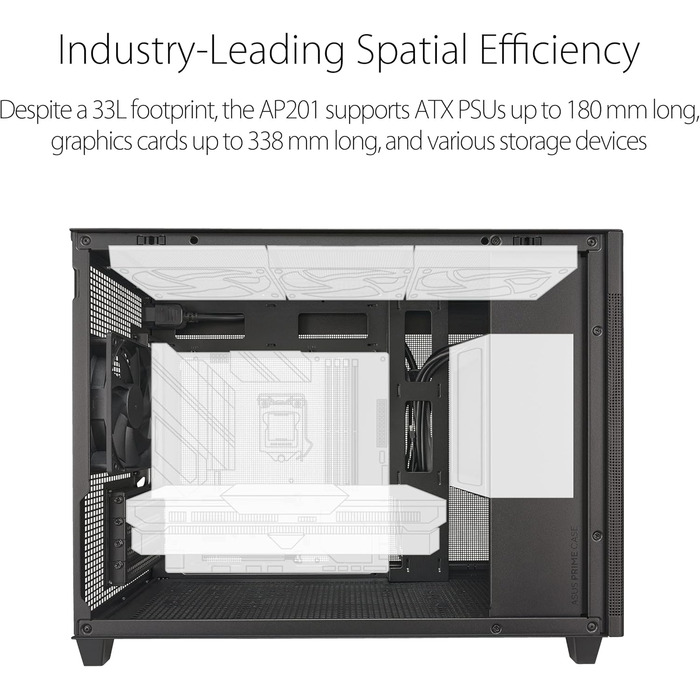 Корпус ASUS Prime AP201 MicroATX чорного кольору (33 літри, підтримка 280/360 мм кулерів, відеокарти до 338 мм, стандартний ATX блок живлення)