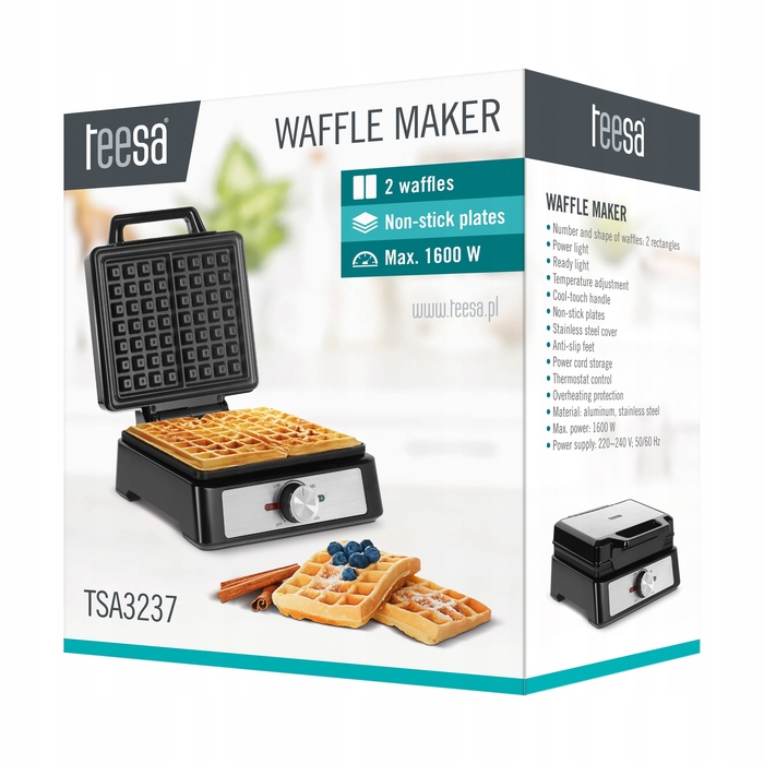 Вафельниця Teesa TSA3237 на 2 вафлі, 1600 Вт, корпус із нержавіючої сталі, регулювання потужності