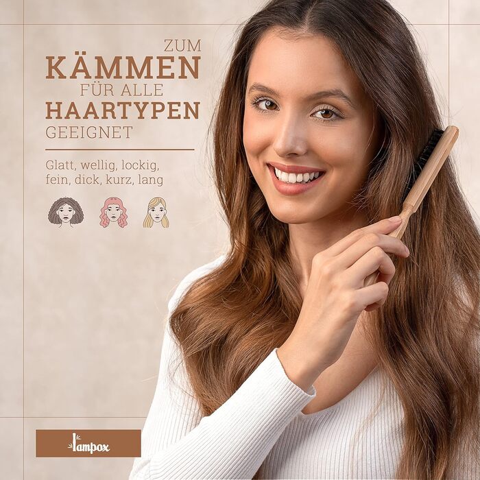 Бамбукова щітка для волосся Lampox з щетиною кабана, масажна щітка для голови, розпушувач для довгих волосся та кучерів, для жінок, чоловіків та дітей