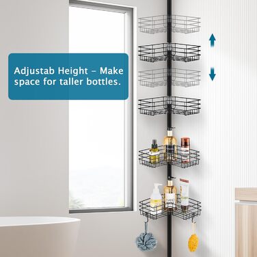 FIISAYL Shower Shelf No Drilling Telescopic Shower Shelf Metal Corner Shelf Bathroom Shelf with 4 Shower Baskets, Height Adjustable 85-325cm, Suitable for Bathtub Bathroom and Kitchen, Black