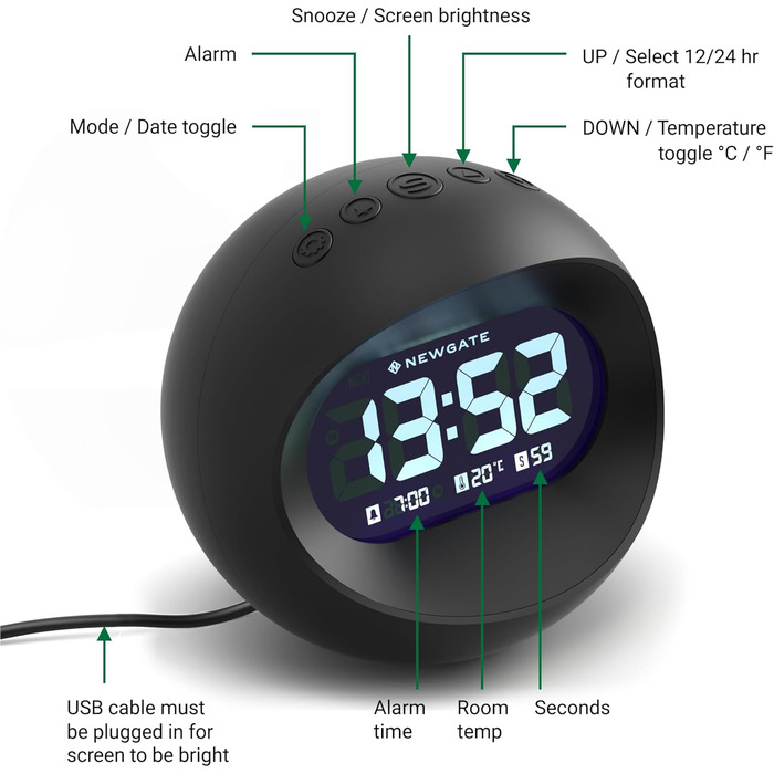 NEWGATE® Digital Centre of the Earth Clock (Black with black LCD display) Black With Black Lcd Display