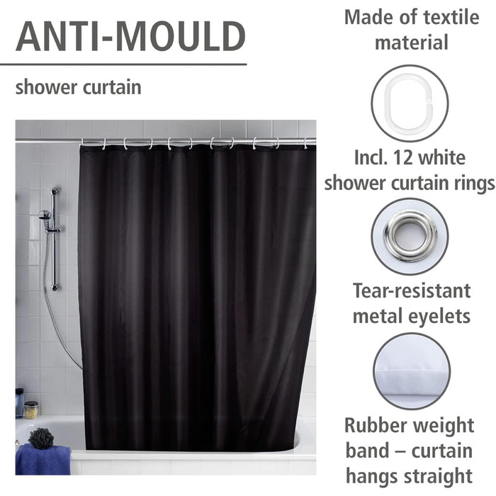 Штора для душу WENKO Anti-Schimmel чорна, текстильна, антигрибкова, водонепроникна, з кільцями, 180x200 см