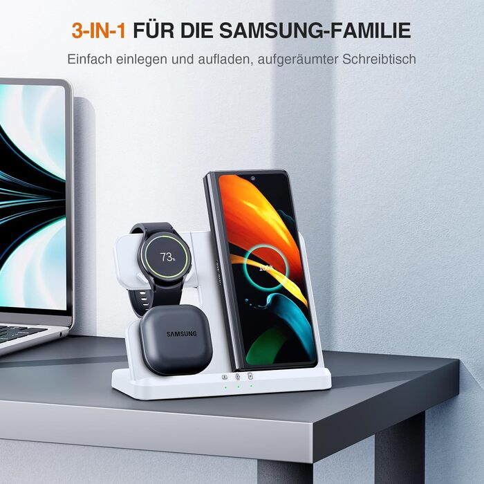 Зарядна станція Induktive 3-в-1 для Samsung Galaxy: Watch, Buds, смартфони (S26 Ultra - S22, Z Flip, Z Fold) - Без адаптера, білий