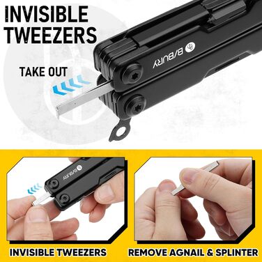 Мультитул BIBURY 10-в-1 з невидимими пінцетами, розбивачем скла, кріпленням для ременя та ножем для різання ременів. Ідеальний для кемпінгу, риболовлі, відпочинку на природі. Міні-інструмент BIBURY, чорний. Чудовий подарунок для жінок та чоловіків.