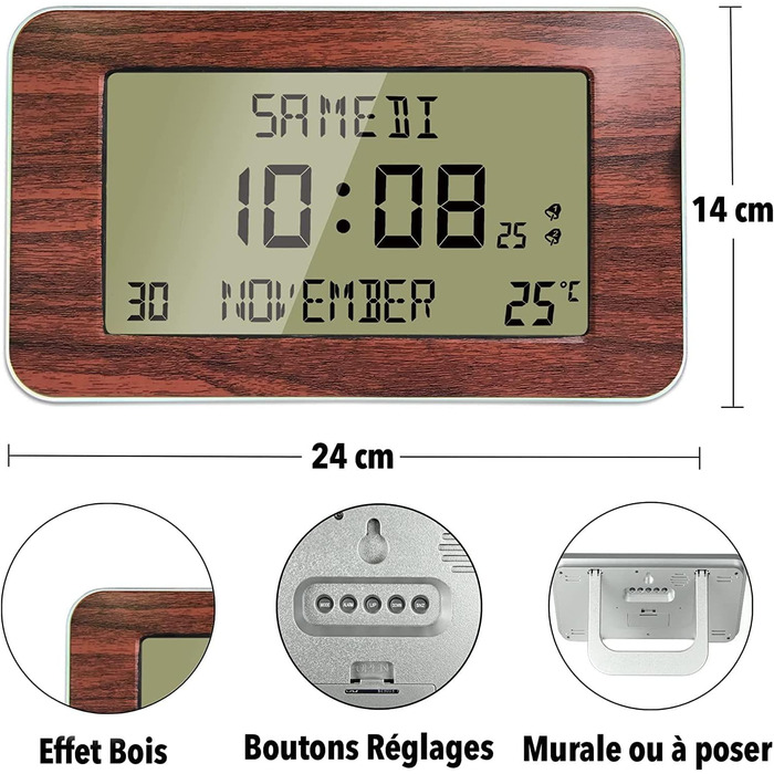 FISHTEC Radio Clock Alarm Clock with Calendar – Large Display, Date, Day, Time, Temperature, 2 Alarms, Wall Mounting or Stand – Wood-Look Finish, 24 x 14 cm
