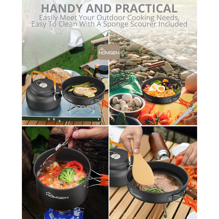 Набір туристичного посуду HOMGEN для кемпінгу та походів, легкий комплект каструль та сковорідок з алюмінію на 2-3 особи, 11 предметів, помаранчевий