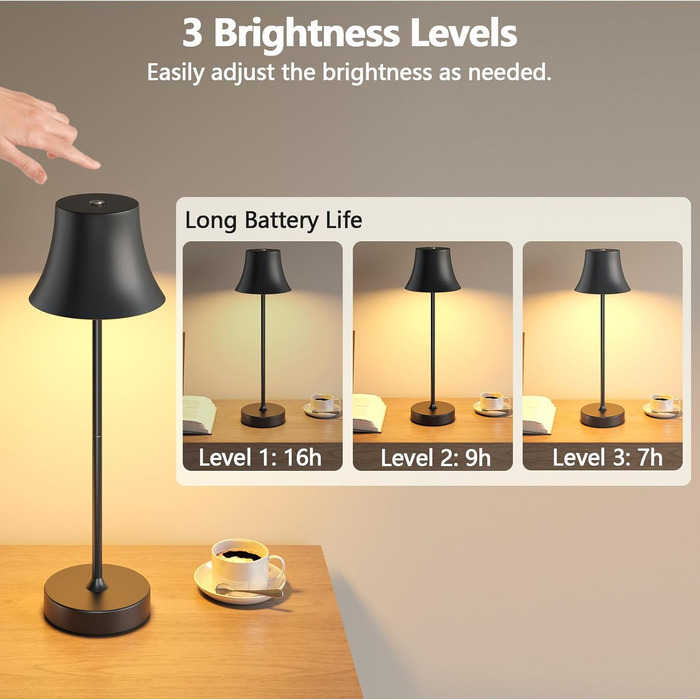 Світлодіодний настільний світильник акумуляторний бездротовий чорний, диммується, водонепроникний IP54