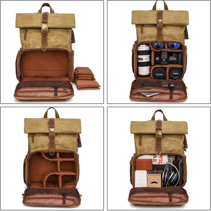 Рюкзак для фотокамери Vmokki Rolltop з водонепроникним покриттям, великий, з швидким доступом, анти-крадіжка, тримач для штатива, відділення для ноутбука. Підходить для дзеркальних фотоапаратів, аксесуарів (Хакі)