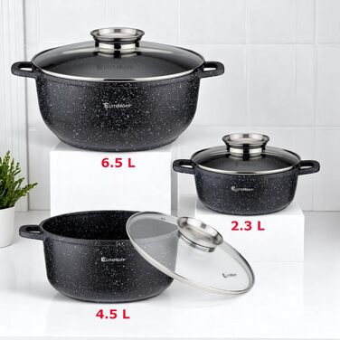 Набір каструль та сковорідок EliteHoff Induktion, 17 предметів, з антипригарним покриттям, для всіх типів плит, з кришками, з алюмінію, безпечний (PFOA-free), чорний (E-7030)