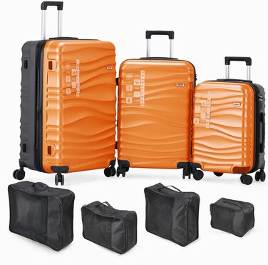 Набір валіз DMS® 7-елементів: 3 валізи (M/L/XL) з ABS-пластику, 360° колеса, кодовий замок + 4 чохли для одягу. Легкі, міцні, розширювані, для подорожей та бізнесу (Помаранчевий)