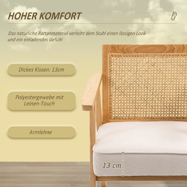 HOMCOM Armchair Living Room Relaxer with Armrests, Seat Cushion, Lounger with Rattan Backrest, Reading Chair with Linen Look, Wooden Frame, Upholstered Armchair for Bedroom in Cream | Aosom
