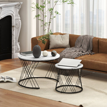 HOMCOM Set of 2 Round Coffee Tables with Marble Look - White