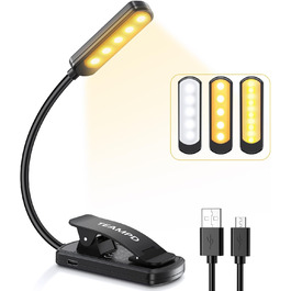 LED лампа для читання TEAMPD з кліпсою, 10 світлодіодів, 3 режими колірної температури, регульована яскравість, захист очей, USB-зарядка, гнучкий світильник для читання в ліжку, у подорожі, чорний